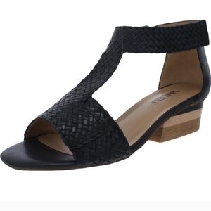 Vaneli Navy Charee Woven Sandals with Tan Wooden Heel